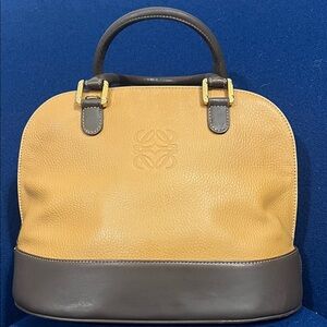 Authentic Vintage Loewe Anagram Bugatti Two-Tone Yellow Brown Leather Top-Handle
